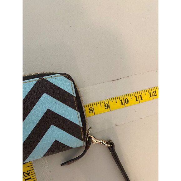 Dooney & Bourke Chevron Wristlet Wallet Brown & Blue Leather Red Interior - Picture 8 of 8